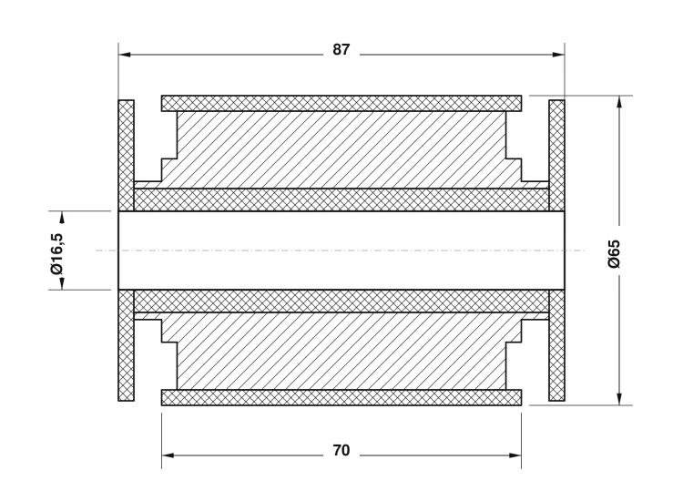 Rysunek techniczny tulei przedniego ucha tylnego resoru Fiat Ducato, Peugeot Boxer, Citroën Jumper o wymiarach 16,5 × 65 × 87 mm