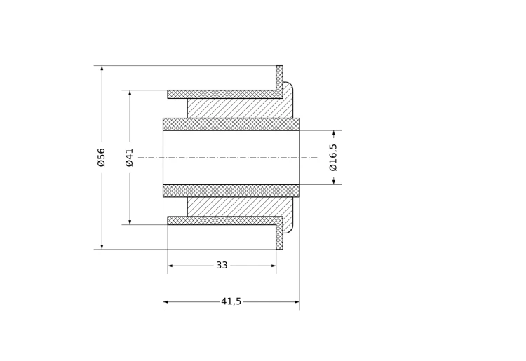 Rysunek techniczny tulei tylnego ucha tylnego resoru Fiat Ducato, Peugeot Boxer, Citroën Jumper o wymiarach 16,5 × 41 × 41,5 mm